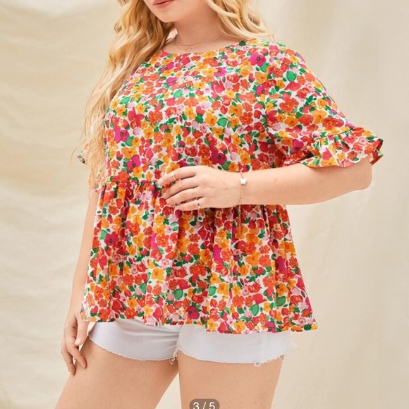 Dreamara Plus Allover Floral Print Flounce Sleeve Peplum Blouse size curve 4XL - Picture 6 of 7